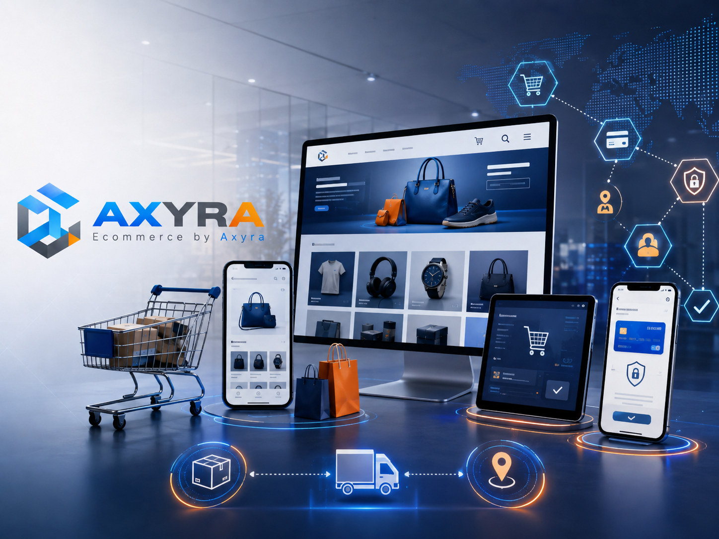 E-commerce software interface with shopping and digital commerce workflows