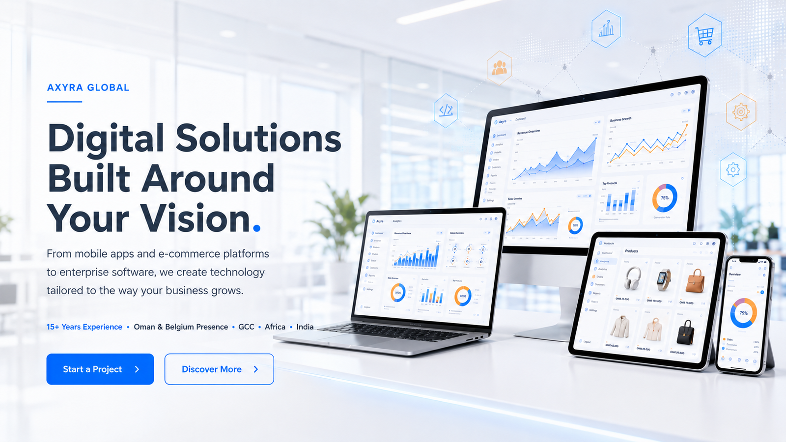 Premium mobile app development visual with smartphone interface and connected business dashboards